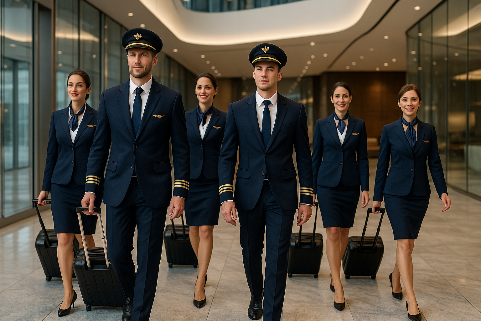 create a picture with airline crew members , captains, copilots and cabin crew walking in an airport , in a stylish environment and elegant uniforms 